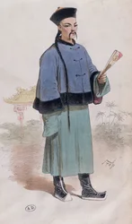 Mandarin en manteau bordé de fourrure avec éventail, vers 1860